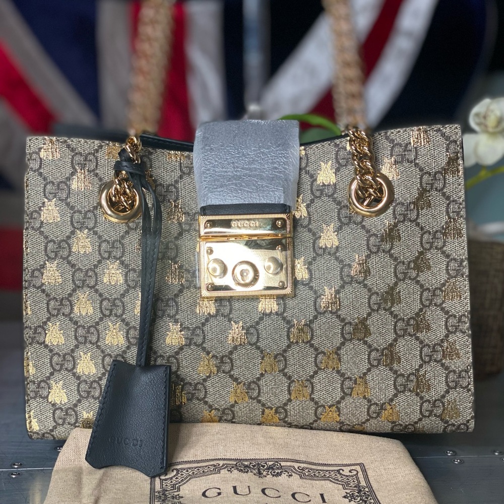 GUCCI GG Supreme Monogram Bees Medium Padlock Tote Black Bag Small Size